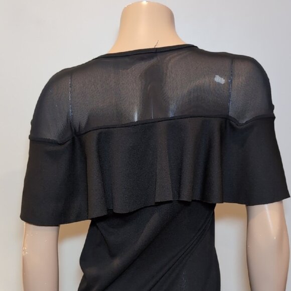 Black Flutter Sleeve Mini Dress Sheer Illusion Flounce Bodycon LBD Cocktail - Picture 6 of 7